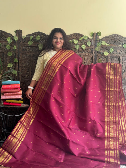 Pure Kanjivaram Silk Saree Maroon Complemented with a Gold Zari Border. - Sampradaya Designer Studio