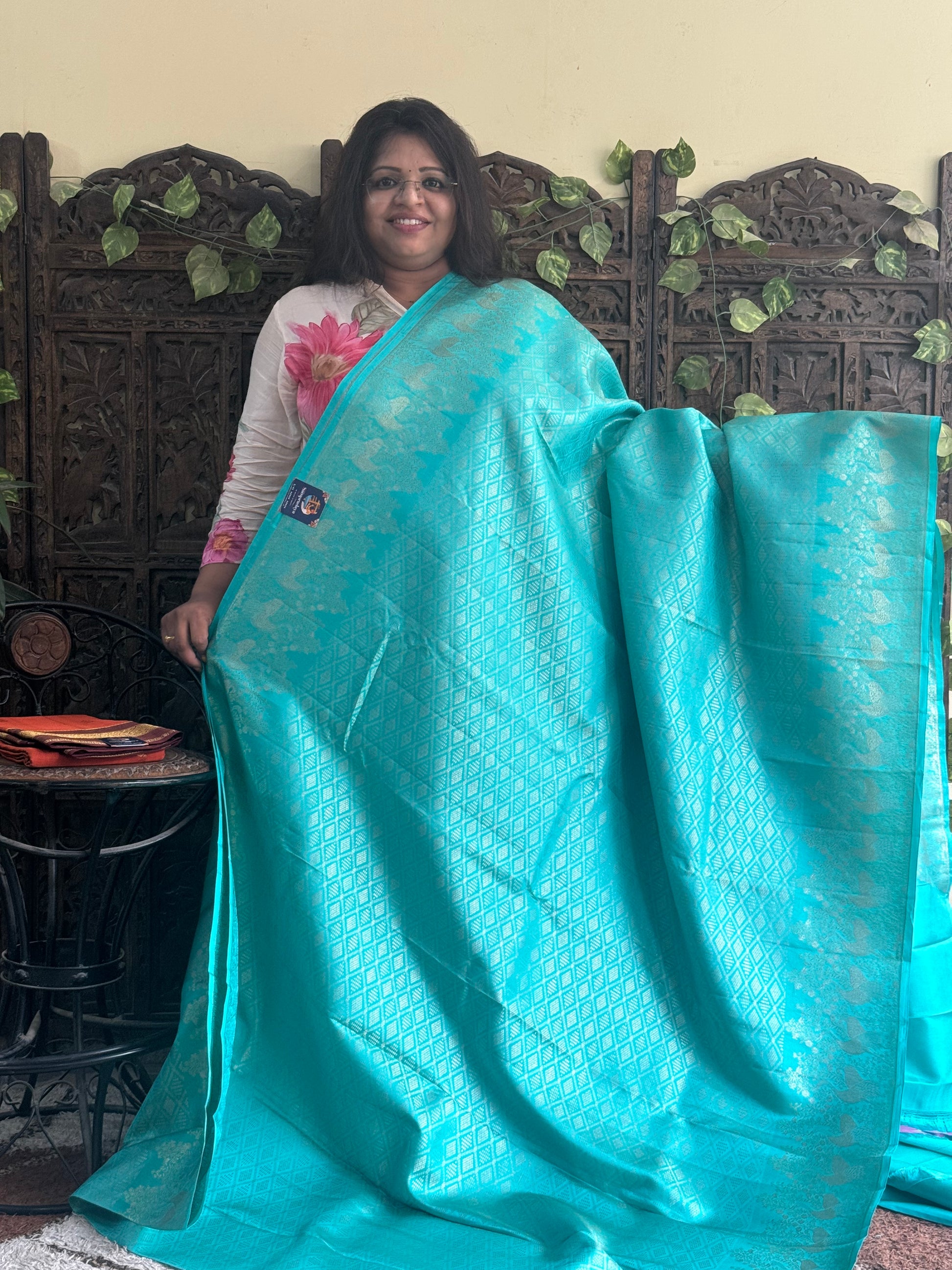 Pure Kanjivaram Silk Saree Sky Blue Colored Complemented with Gold Zari Weaving Border. - Sampradaya Designer Studio