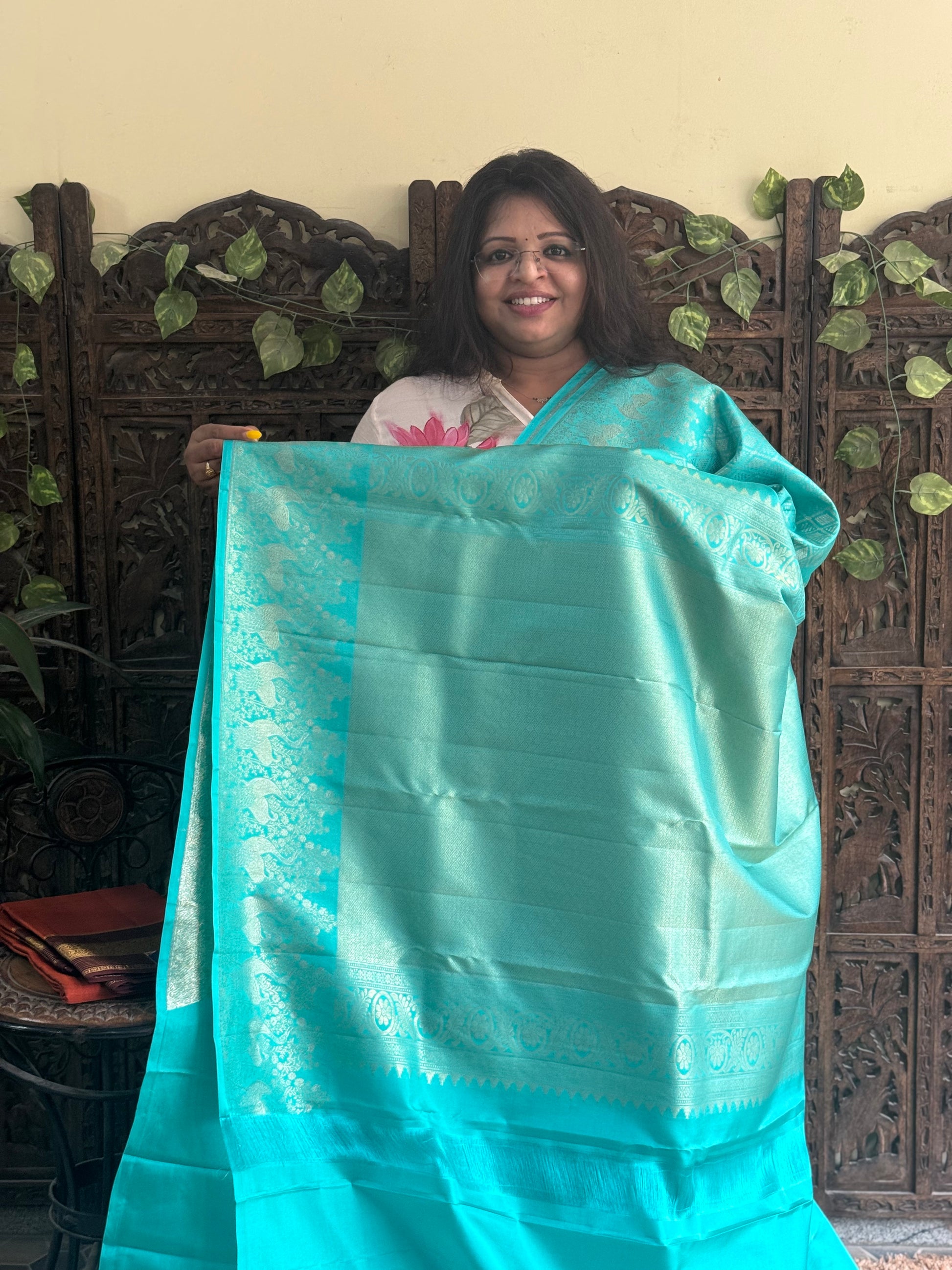 Pure Kanjivaram Silk Saree Sky Blue Colored Complemented with Gold Zari Weaving Border. - Sampradaya Designer Studio