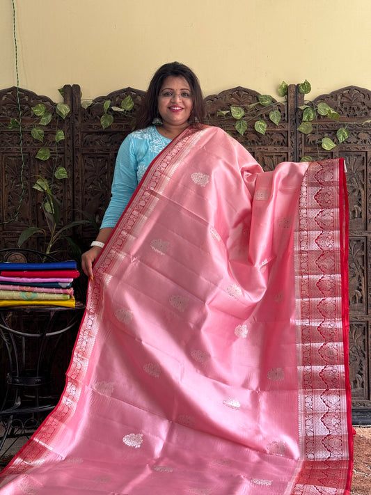 Chiniya Silk Saree Peach Colored Elegantly Paired With a Zari Border - Sampradaya Designer Studio