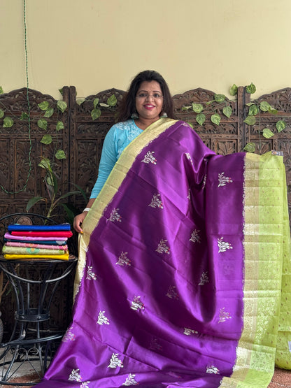 Chiniya Silk Saree Violet Colored Elegantly Paired With a Zari Border - Sampradaya Designer Studio