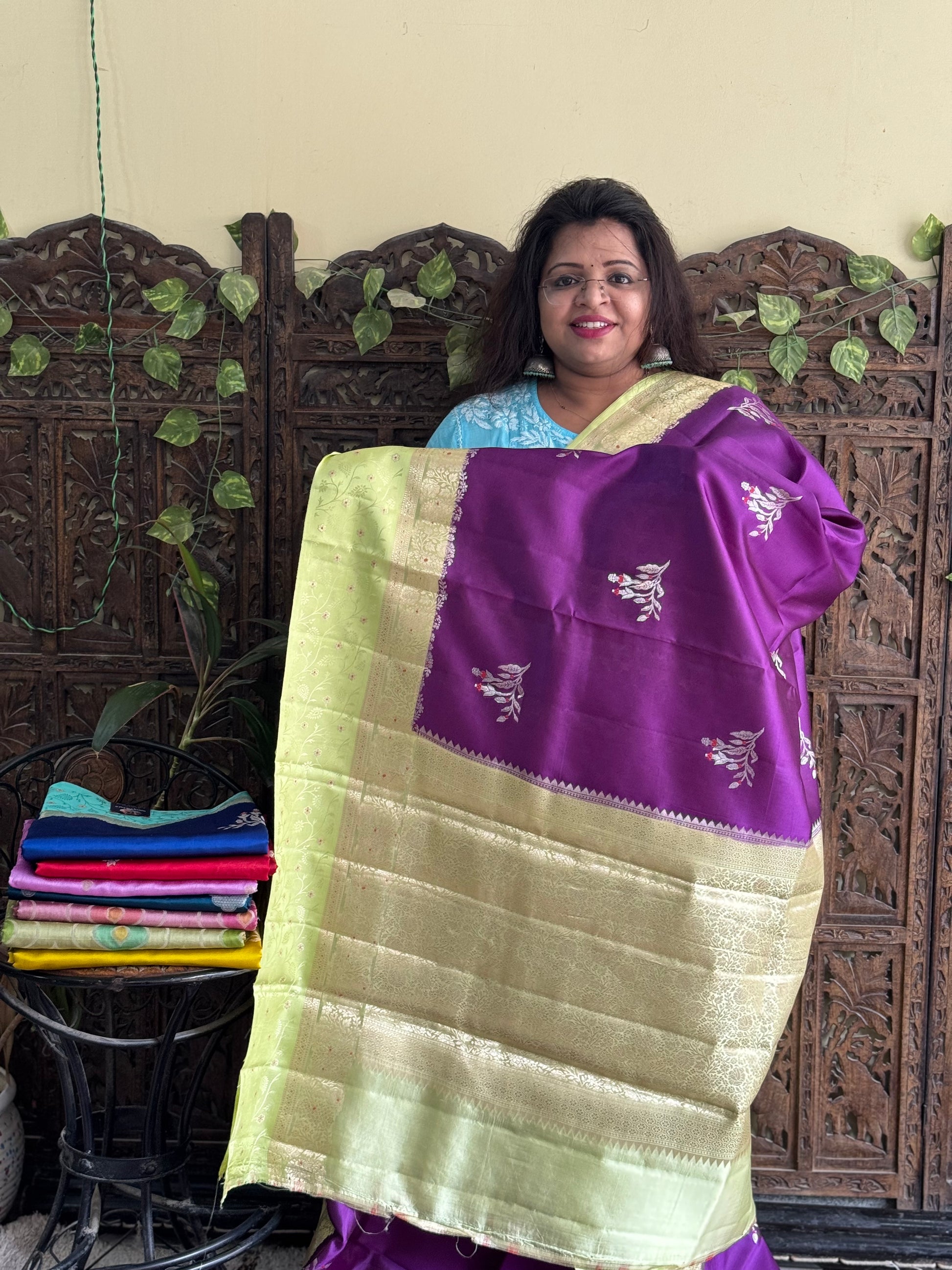 Chiniya Silk Saree Violet Colored Elegantly Paired With a Zari Border - Sampradaya Designer Studio