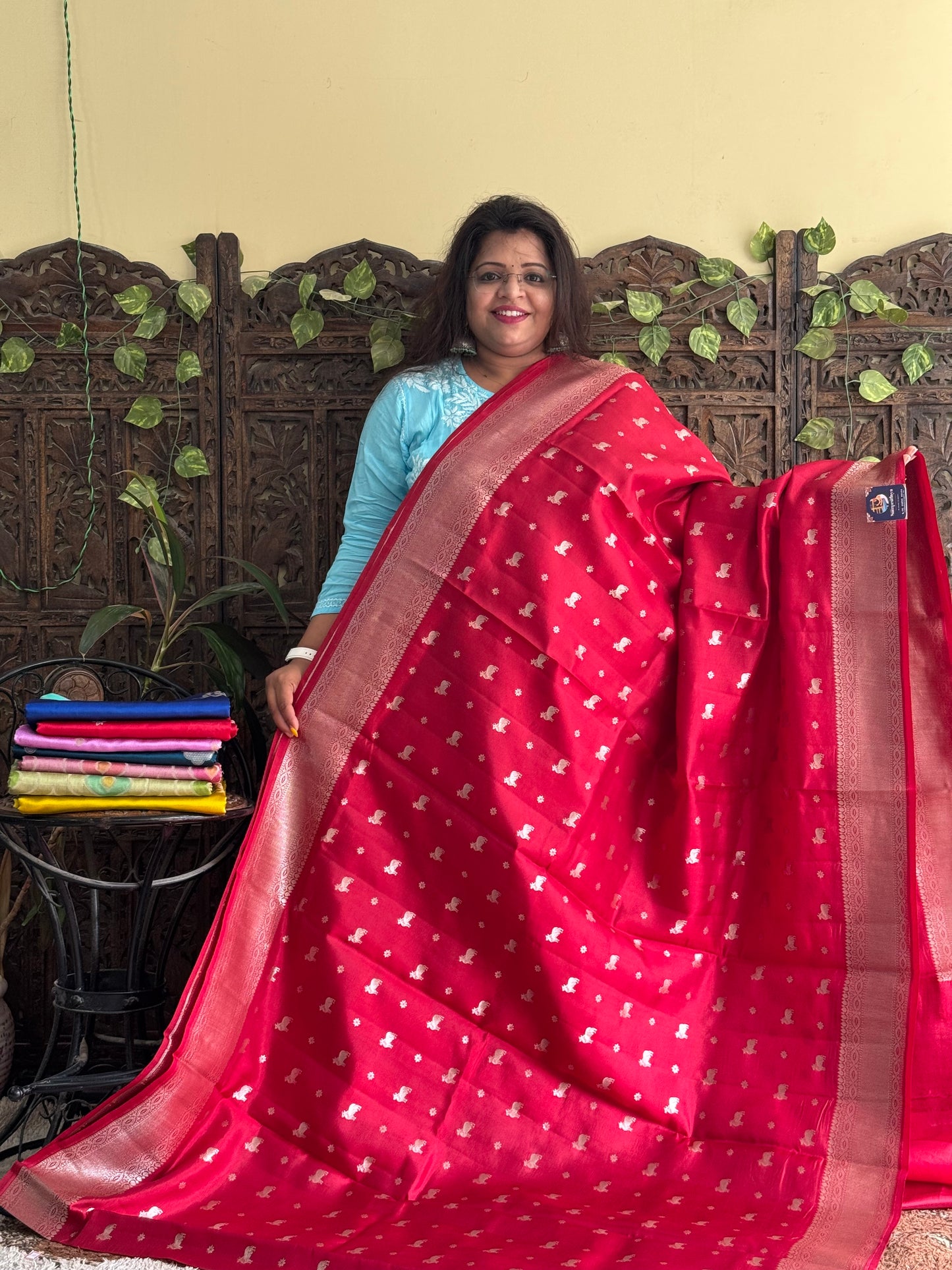 Chiniya Silk Saree Red Colored Elegantly Paired With a Zari Border - Sampradaya Designer Studio