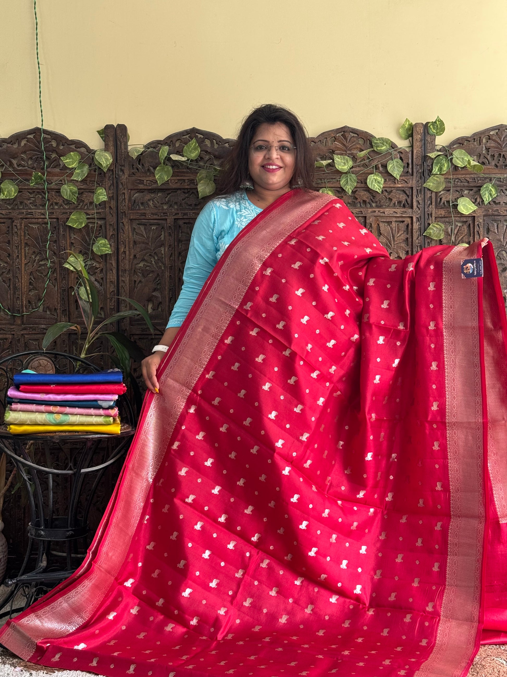 Chiniya Silk Saree Red Colored Elegantly Paired With a Zari Border - Sampradaya Designer Studio