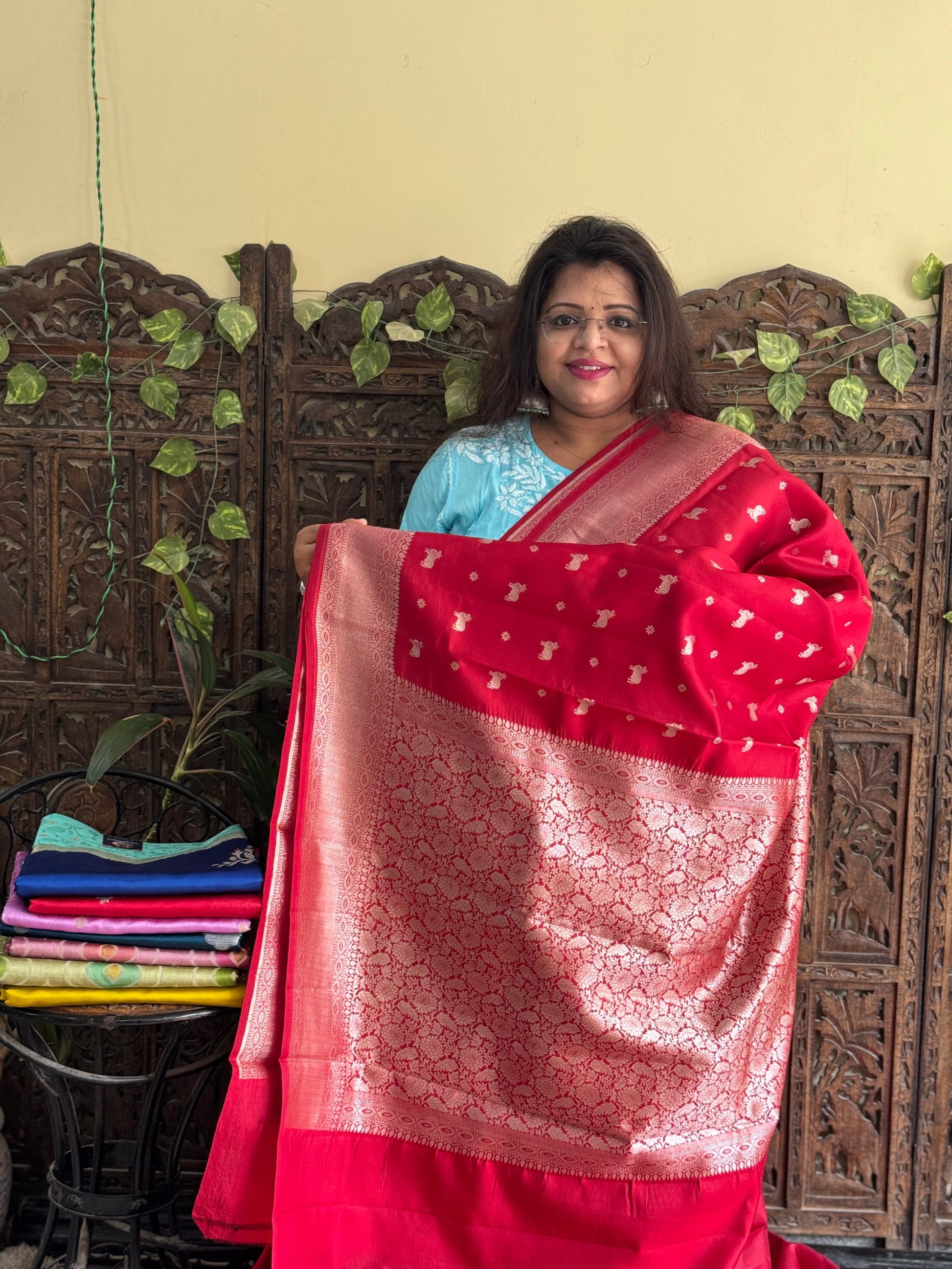Chiniya Silk Saree Red Colored Elegantly Paired With a Zari Border - Sampradaya Designer Studio