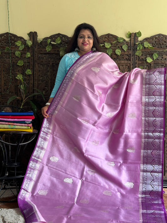 Chiniya Silk Saree Lilac Colored Elegantly Paired With a Zari Border - Sampradaya Designer Studio