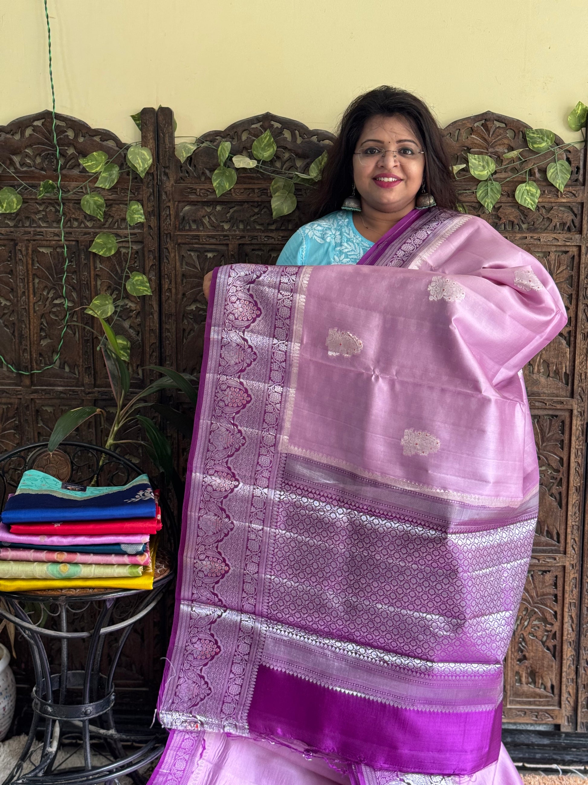 Chiniya Silk Saree Lilac Colored Elegantly Paired With a Zari Border - Sampradaya Designer Studio