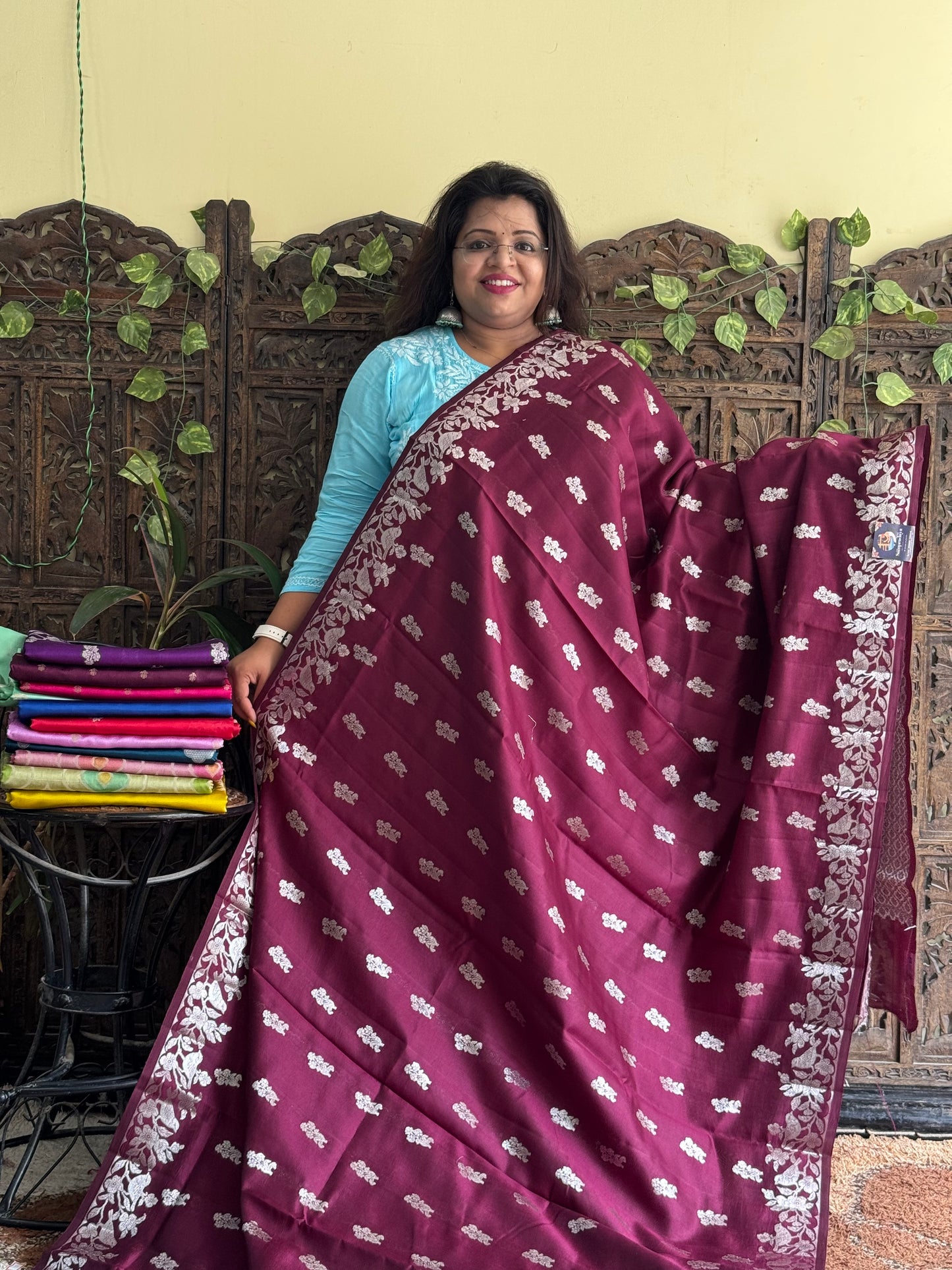 Chiniya Silk Saree Wine Colored Elegantly Paired With Zari Border - Sampradaya Designer Studio