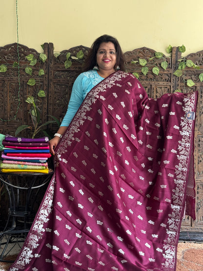 Chiniya Silk Saree Wine Colored Elegantly Paired With Zari Border - Sampradaya Designer Studio