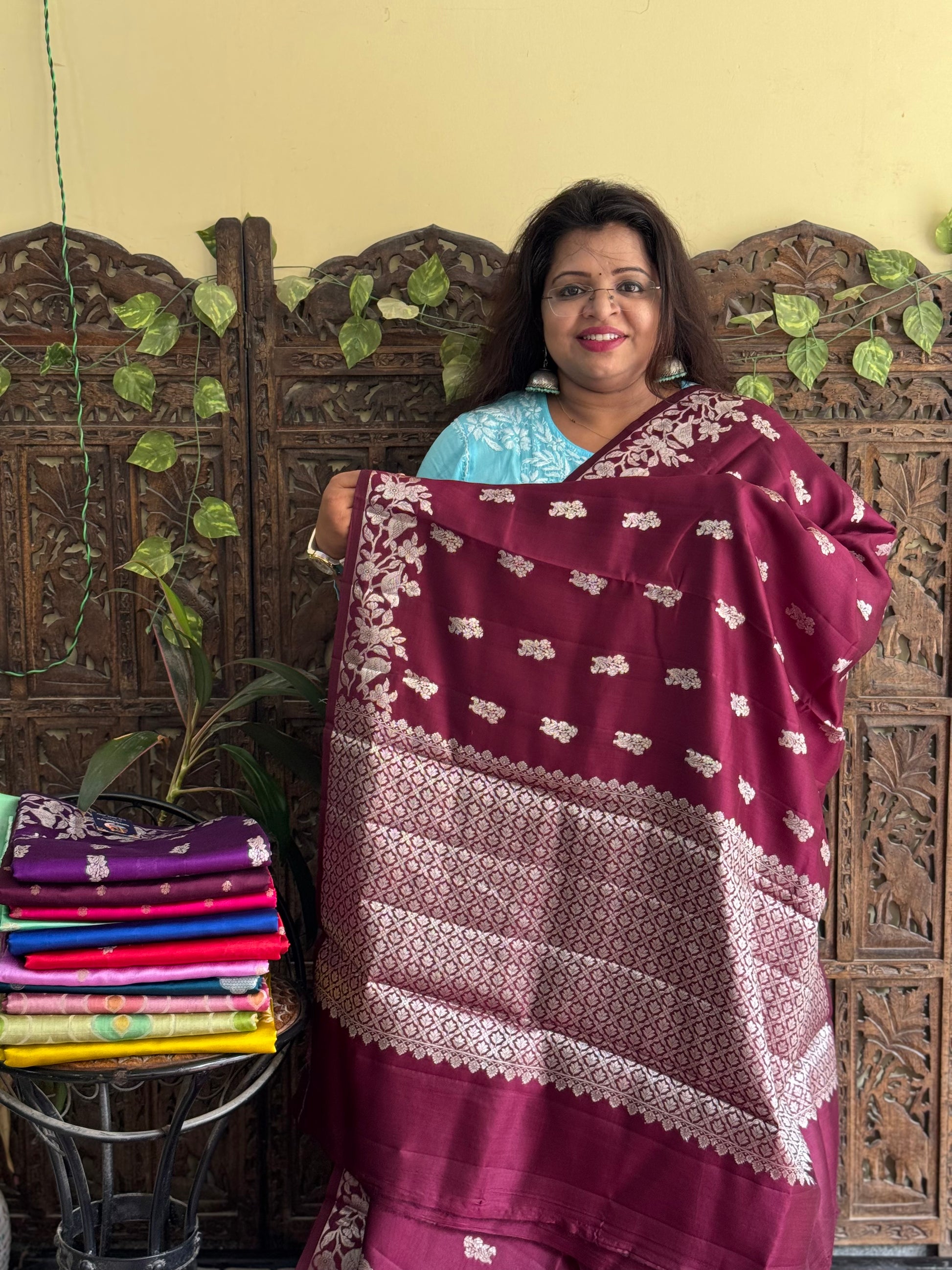 Chiniya Silk Saree Wine Colored Elegantly Paired With Zari Border - Sampradaya Designer Studio