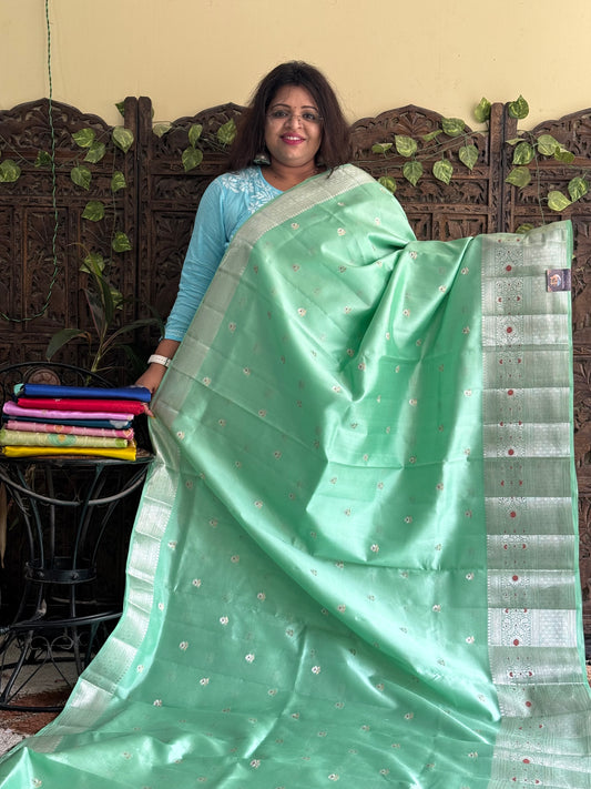 Chiniya Silk Saree Pastel Green Colored Elegantly Paired With Zari Border - Sampradaya Designer Studio