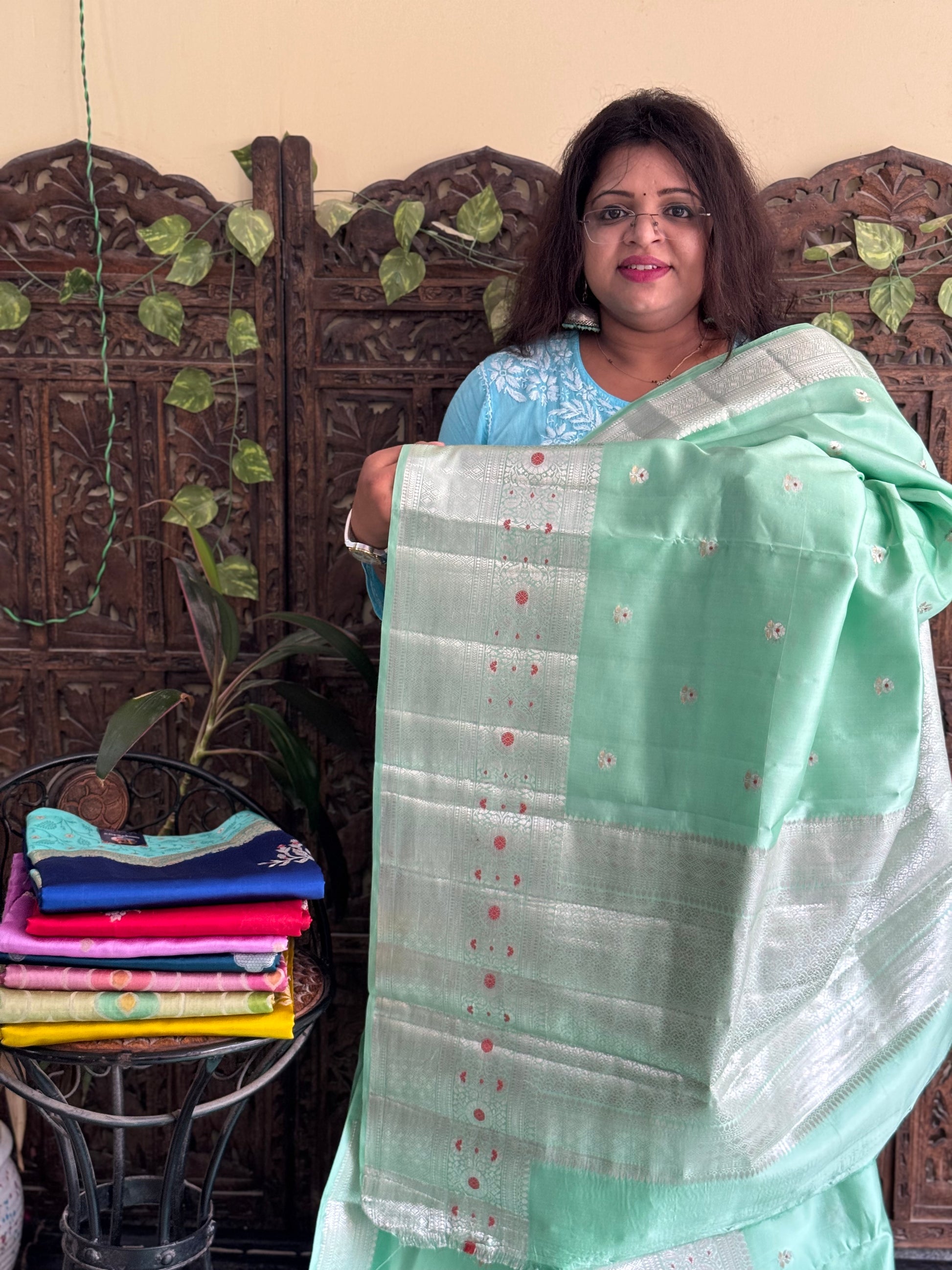 Chiniya Silk Saree Pastel Green Colored Elegantly Paired With Zari Border - Sampradaya Designer Studio