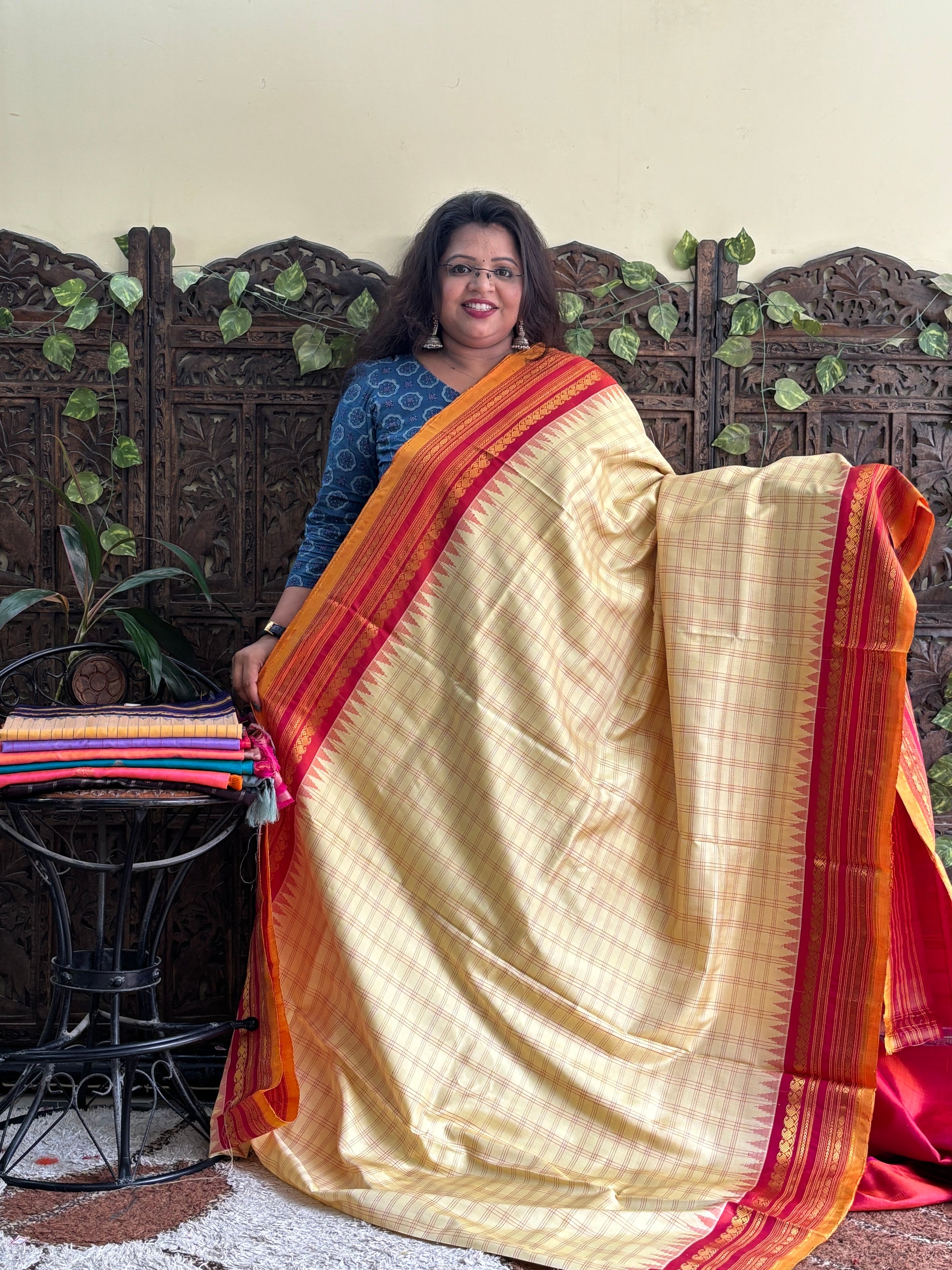 Gadwal Silk Saree Cream Colored Complemented With Zari Border. - Sampradaya Designer Studio
