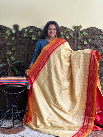 Gadwal Silk Saree Cream Colored Complemented With Zari Border. - Sampradaya Designer Studio