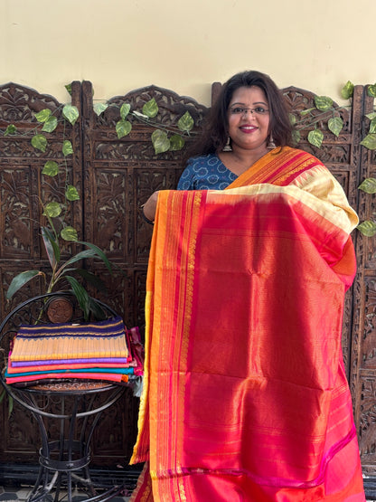 Gadwal Silk Saree Cream Colored Complemented With Zari Border. - Sampradaya Designer Studio