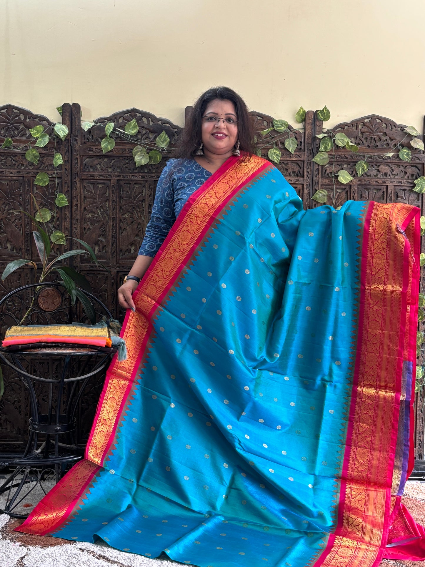 Gadwal Silk Saree Dark Aqua Blue Colored Complemented With a Zari Border. - Sampradaya Designer Studio