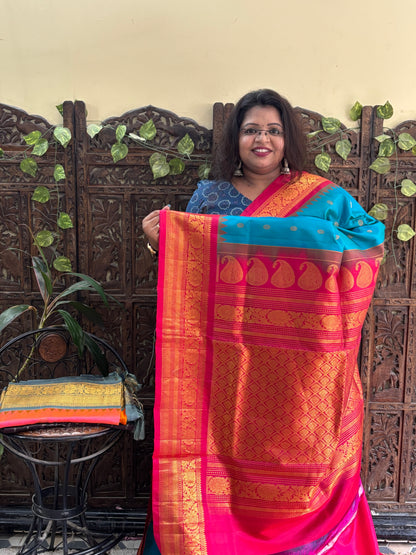 Gadwal Silk Saree Dark Aqua Blue Colored Complemented With a Zari Border. - Sampradaya Designer Studio