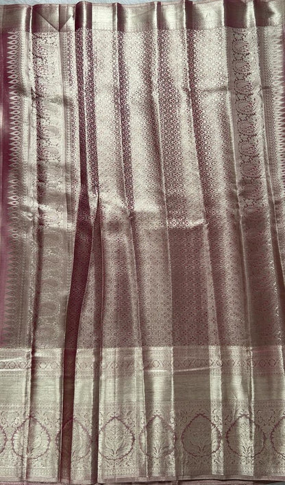 Kanjivaram Bridal Silk Saree Pink colored allover Weaving Saree complemented with a Light Gold Zari Kanchi border. - Sampradaya Designer Studio