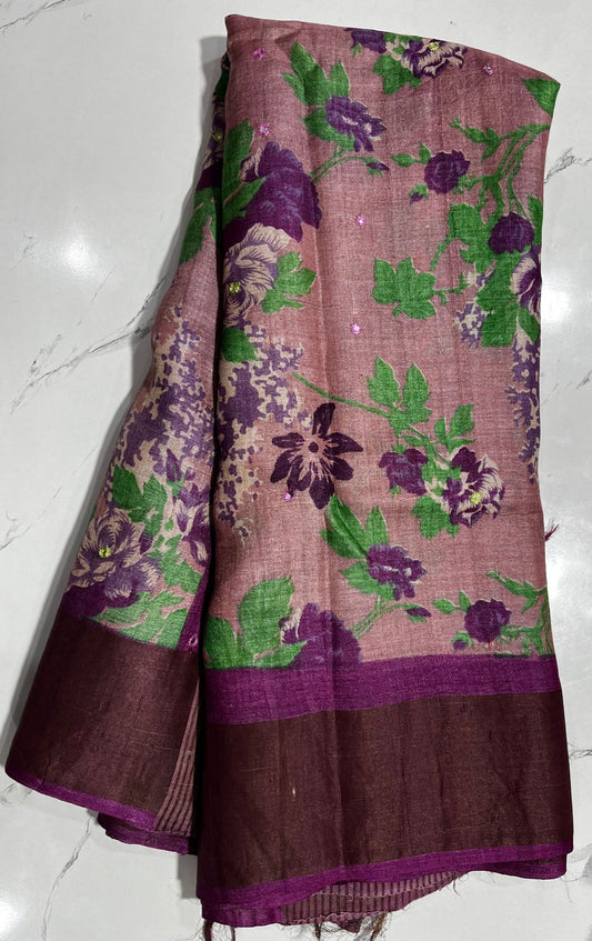 Tussar Silk Saree Light Peach colored Saree complemented with a Purple Colored Zari border. - Sampradaya Designer Studio