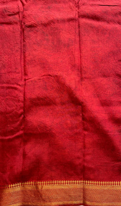 Mangalagiri Pen Kalamkari Saree Black colored complemented with a Red Colored Zari border - Sampradaya Designer Studio