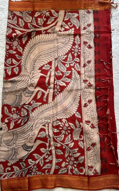 Mangalagiri Pen Kalamkari Saree Black colored complemented with a Red Colored Zari border - Sampradaya Designer Studio
