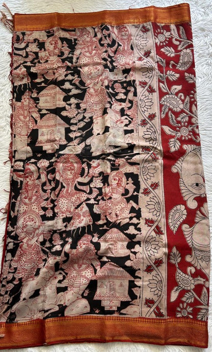 Mangalagiri Pen Kalamkari Saree Black colored complemented with a Red Colored Zari border - Sampradaya Designer Studio