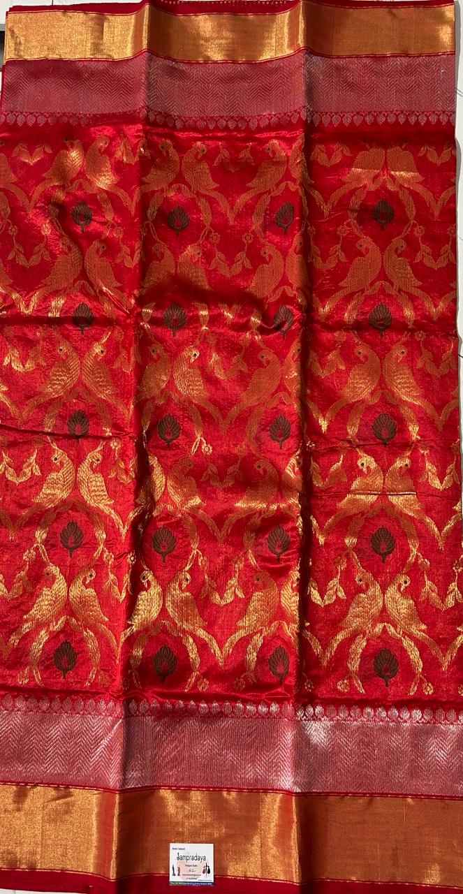 Chanderi Pattu Saree Red colored saree complemented with a Gold Zari Weaving border - Sampradaya Designer Studio