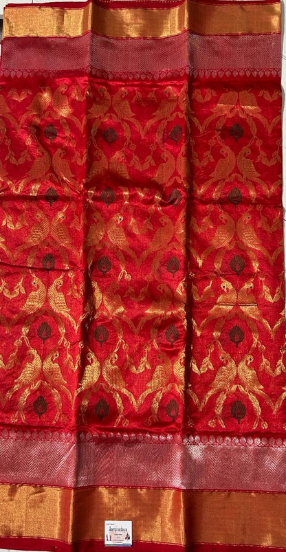 Chanderi Pattu Saree Red colored saree complemented with a Gold Zari Weaving border - Sampradaya Designer Studio